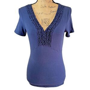 Etcetera Women's Navy Short Sleeve V-Neck w/Ruffles Stretch T-Shirt Top Sz S